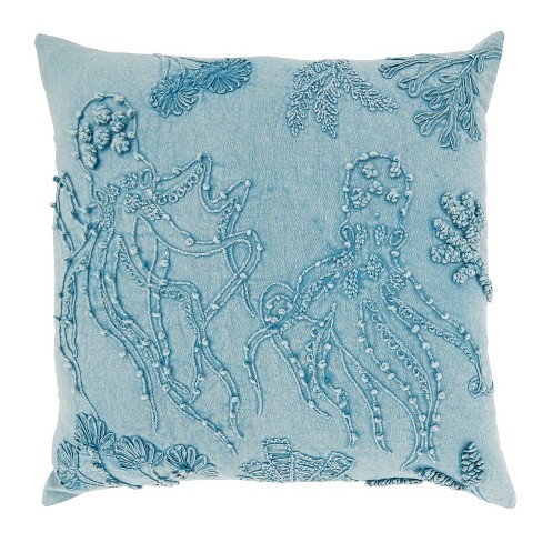 Saro Lifestyle Deep Sea Dreams Stonewashed Octopus Throw Pillow Cover Blue 20 x20