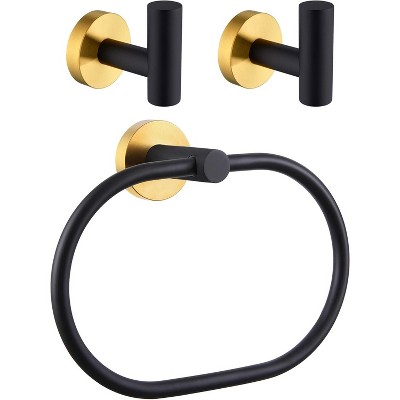 Mixxidea Round Single Towel Hook 2 PCS Bundle with Oval Towel Ring (Black & Gold)