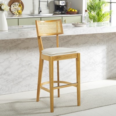 Natural Wood and Rattan Woven Bar Stool with Cushion