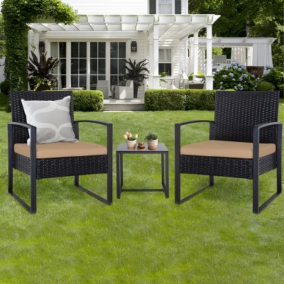 3-Piece Outdoor PE Wicker Patio Chair and Table Set with Washable Cushions for Balcony or Poolside-The Pop Home