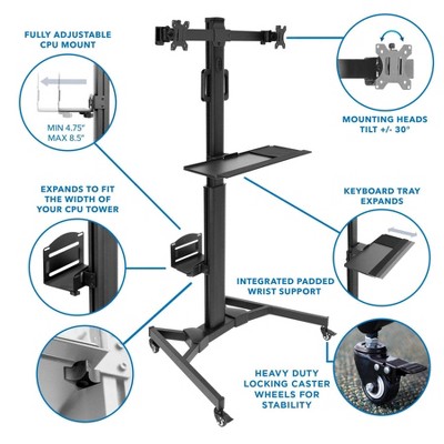 Adjustable Black Steel Mobile Dual Monitor Computer Cart