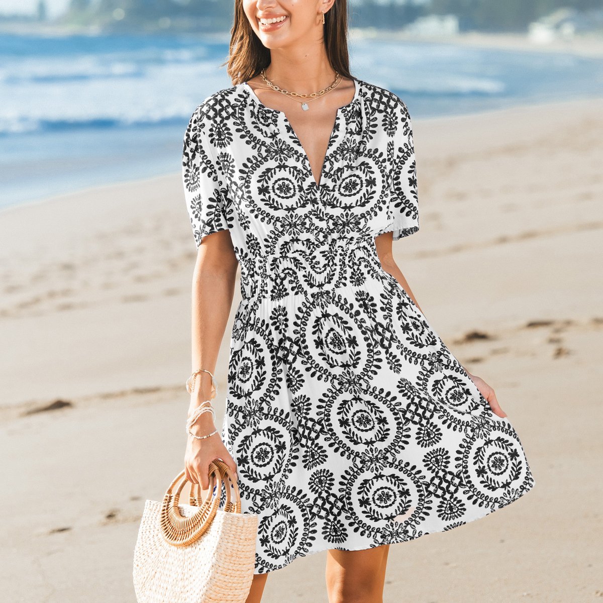 Женские платья Cupshe Women's Bohemian Floral Printed V-Neck Beach Dress-L-Black — фото 3