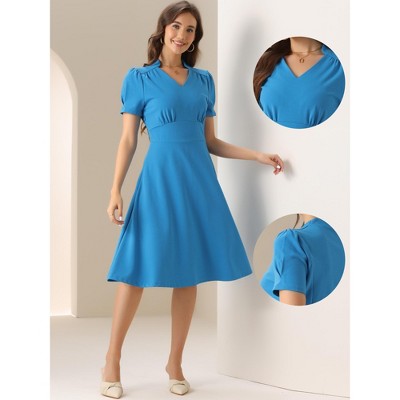 Женские платья INSPIRE CHIC Women's Work Short Puffle Sleeve V Neck Collared Midi Dresses Lake Blue X-Large — фото 2