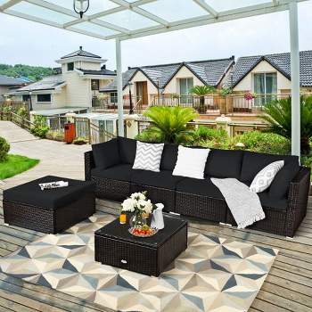 Costway 6PCS Outdoor Patio Rattan Furniture Set Cushioned Sectional Sofa Navy\Black\Turquoise