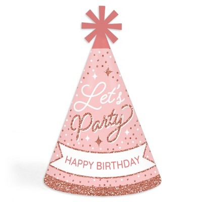Big Dot of Happiness Pink Rose Gold Birthday - Cone Happy Birthday Party Hats for Kids and Adults - Set of 8 (Standard Size)