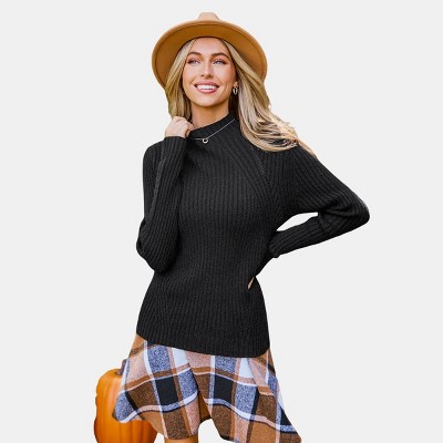 Women's Black Ribbed Knit Turtleneck Long Sleeve Top - Cupshe