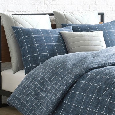 Twin Blue Cotton Grid Duvet Cover Set with Sham