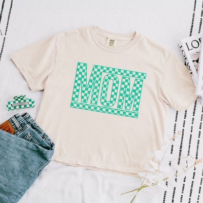 Simply Sage Market Women's Mom Checkered Box Puff Print Short Sleeve Relaxed Fit Cropped Tee