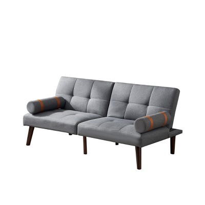 NicBex 65.7 Inch Linen Convertible Sofa Bed Futon with 2 Rolled Accent Pillows for Living Room,Office,Apartment,Small Space,Gray