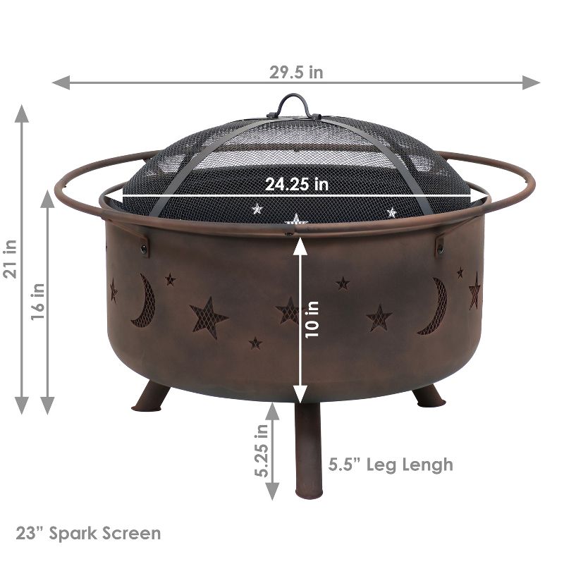 Sunnydaze Outdoor Camping or Backyard Round Cosmic Stars and Moons Fire Pit with Cooking Grill Grate, Spark Screen, and Log Poker - 30", 3 of 11
