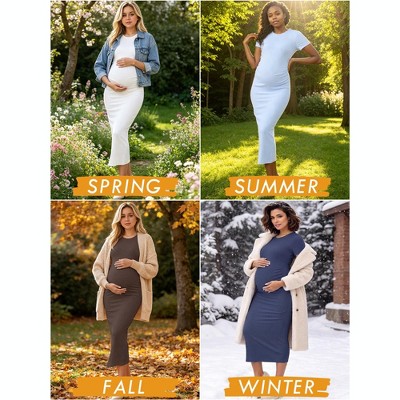 Женские платья INSPIRE CHIC Women's Maternity Dress Bodycon Fitted Side Ruched Ribbed Knit Short Sleeve Pregnancy Photoshoot Baby Shower Church Medium Blue — фото 4