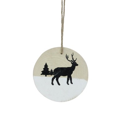 Beige Wooden Disc Ornament with Deer and Pine Trees