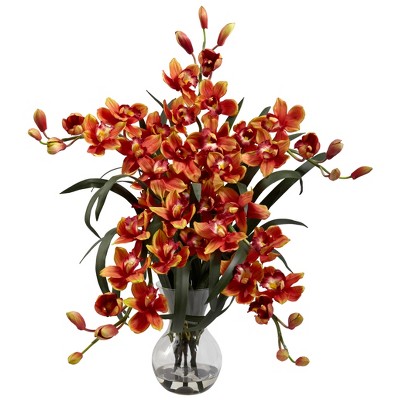 Nearly Natural Large Cymbidium with Vase Arrangement, Burgundy
