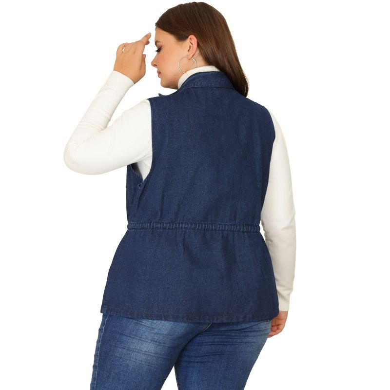 Agnes Orinda Women's Plus Size Utility Anorak Cargo Drawstring Jean Denim Jacket Vest, 4 of 6