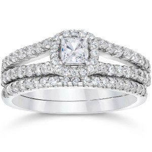 Pompeii3 1 Carat Princess Cut Diamond Halo Engagement Wedding Ring Set White Gold - 1 of 4