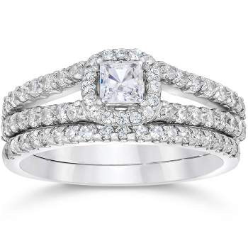 Pompeii3 1 Carat Princess Cut Diamond Halo Engagement Wedding Ring Set White Gold