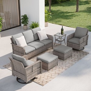 Sonkuki 6 Pieces Patio Sofa with Swivel Rocking Chairs Set, All-Weather PE Rattan Conversation Couch with Cushion - 1 of 4