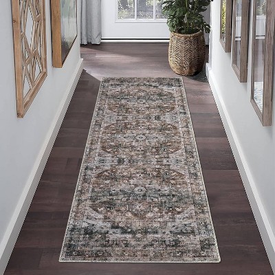 Acekool 8x10 Vintage Medallion Area Rug, Machine Washable Distressed Blue/Brown Non-Slip Stain Resistant Carpet for Living Room, Bedroom