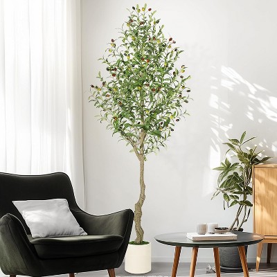 Artificial Olive Tree with Realistic Trunk, Silk Leaves & Fruits in White Pot, Faux Plant for Home or Office Decor