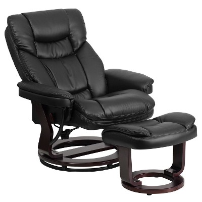Sustainably Sourced Black Leather Swivel Recliner with Mahogany Wood Base