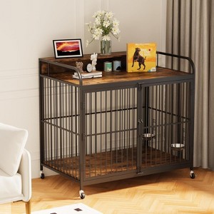 Dog Crate Furniture with Adjustable Height Feeder&360¡ã Wheels for Easy Mobility,Heavy Duty Dog Kennel Indoor for Large Dogs,Dog Crate End Table - 1 of 4