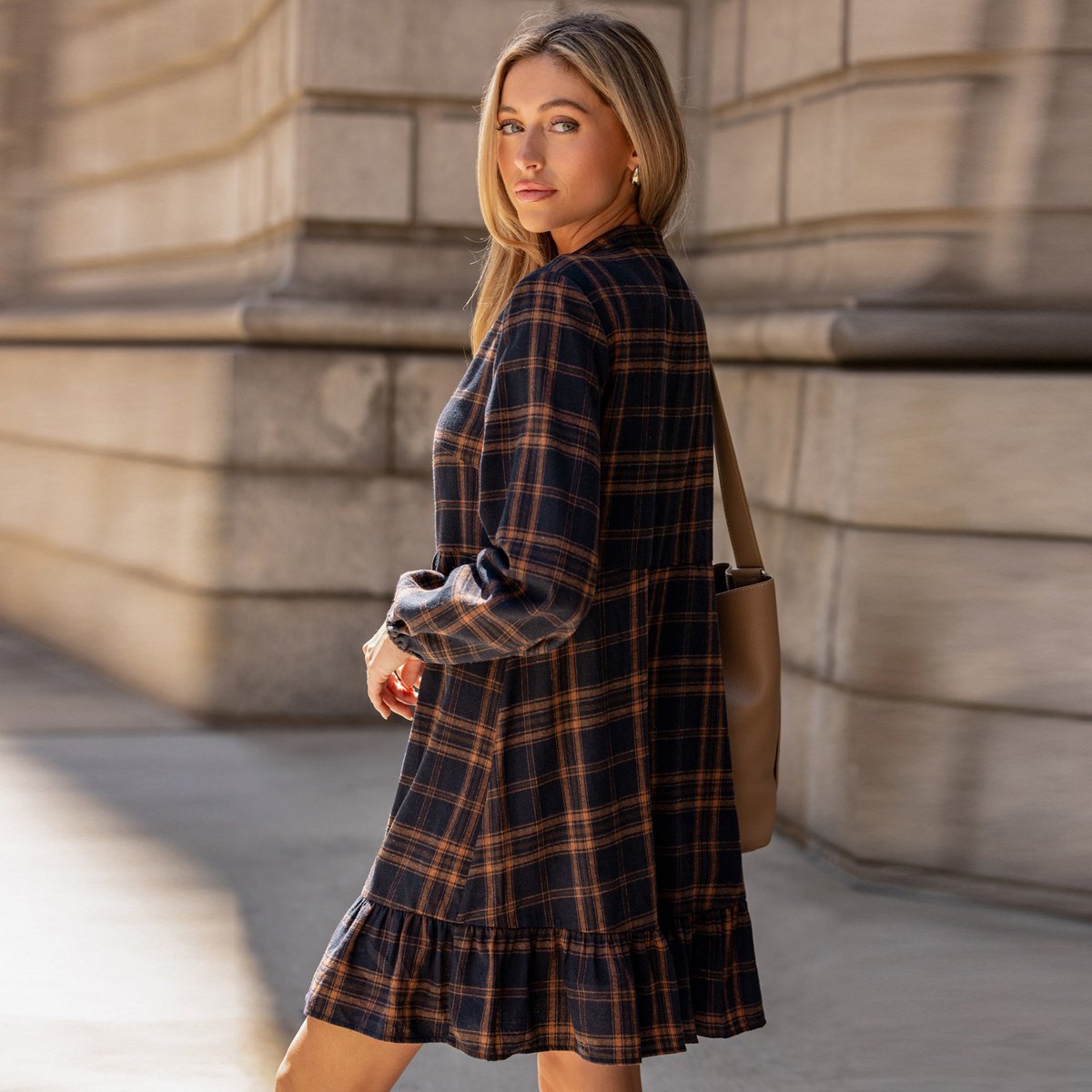 Женские платья Cupshe Women's Elegant Plaid Tiered Shirt Mini Dress-M-Blue — фото 3