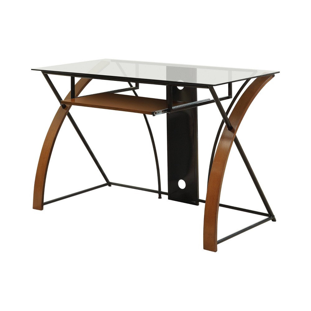 Soron Computer Desk Oak/Black - miBasics: Tempered Glass, Metal Frame, Pull-Out Tray, Open Shelf