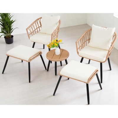 Mshliw 5-Piece Patio Bistro Set with Ottoman, Outdoor Rattan Table and Chairs Set for Porch, Balcony, or Deck – Cushions, Tempered Glass Coffee Table
