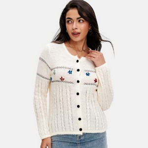 Knit & Lounge Embroidered Knit Long Sleeve Button Front Cardigan Contrast Stitching Slim Fit Ribbed Hem - 1 of 4