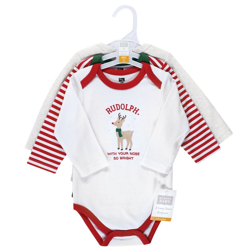 Hudson Baby Unisex Baby Cotton Long-Sleeve Bodysuits, Rudolph Reindeer, 3 of 7