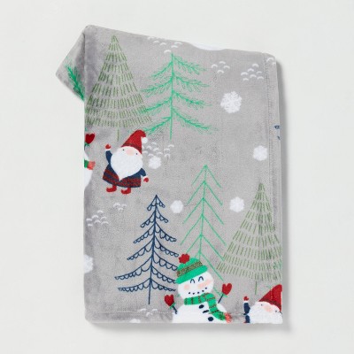 Snowman and Gnome Printed Plush Christmas Throw Blanket Gray - Wondershop™