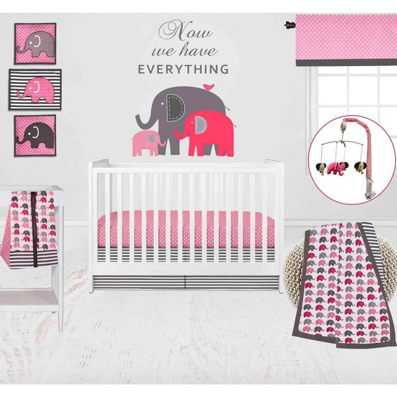 Bacati - Elephants Pink/Fuschia/Gray 10 pc Crib Bedding Set with 2 Crib Fitted Sheets, 1 of 12