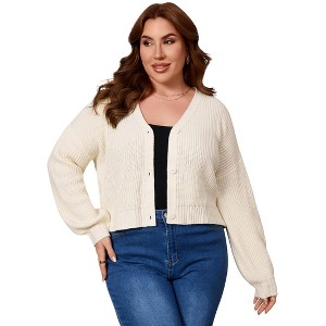 Coolmee Women's Plus Size Cardigan Sweaters Long Sleeve Button Front V Neck Soft Sweater Knit Tops - 1 of 4