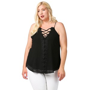 Slickblue Plus Size Scalloped Lace Lattice V-Neck Top for Women, Black,For Casual & Evening Outfits, XL - 1 of 4