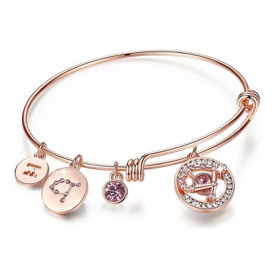 Leafael Superstar Zodiac Adjustable Bangle Bracelet with Birthstone Crystals, Rose Gold Plated, 7" Diameter, Gemini - May, June - Amethyst Pink