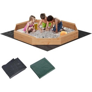 Wooden Sandbox with Cover,Kids Outdoor Sandpit with Nylon Cover Bottom Liner,4 Bench Seats,Design for Age3-8,Sand Boxes Playset for Backyard Patio - 1 of 4