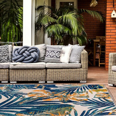 Tropical Floral Leaves Multi 5' x 7' Flat Woven Area Rug