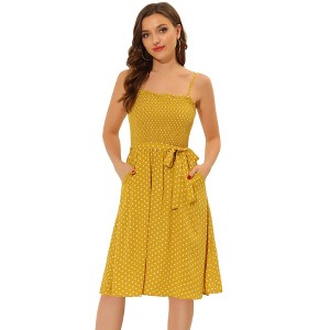 INSPIRE CHIC Women's Belted Spaghetti Strap Sleeveless Polka Dots Smocked Midi Dress - 1 of 4