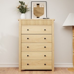 Fluted 5 Drawer Dresser, 5 Chest of Drawers Nightstand with Fluted Design, 48" Tall Wooden Dresser Closet for Bedroom Living Room Nursery - 1 of 4