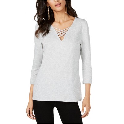 I.N.C International Concepts Womens Crisscross V Neck Basic T-Shirt, Grey, XX-Large