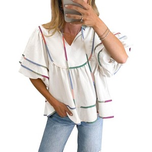 Imily Bela Women's Doll Shirt Top V-Neck Short Lantern Sleeve Blouse Cute Ruffle Flowing Summer Top - 1 of 4