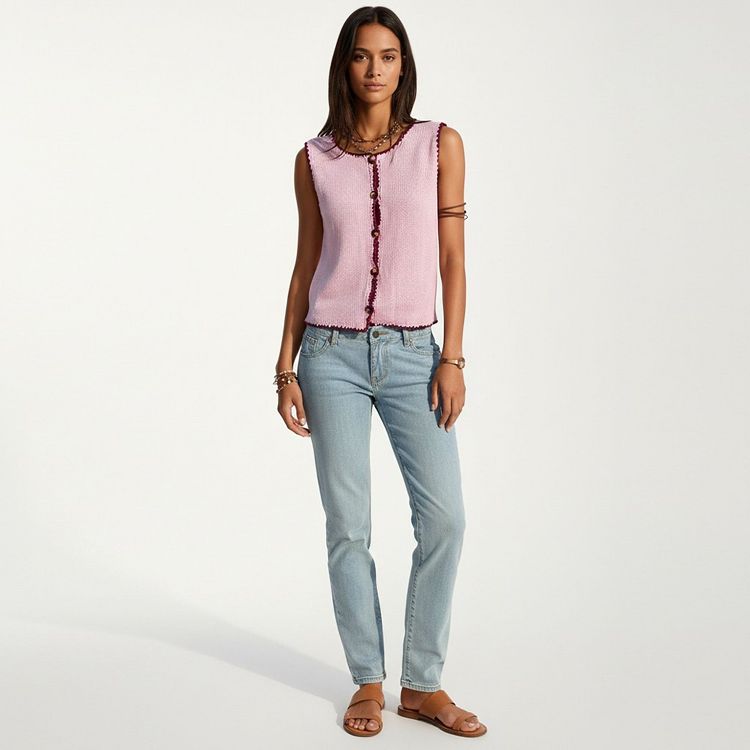 Anna-Kaci Sleeveless Knit Button Front Top with Contrast Trim Detail, 3 of 7