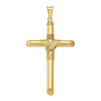 Black Bow Jewelry Men's 14k Yellow Gold Hollow Tube Rope Cross Pendant