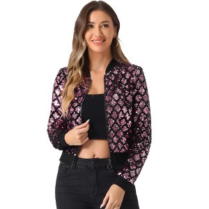 INSPIRE CHIC Women's Sequin Long Sleeve Zipper Up Glitter Bomber Jacket - 1 of 4