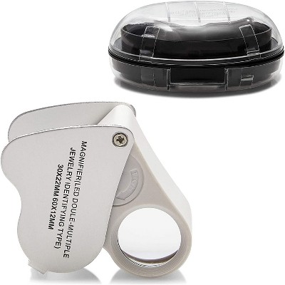 30X 60X White Illuminated Magnifier, Foldable Jewelry Eye Loupe Magnifier with Bright LED Light for Gems, Coins, Stamps