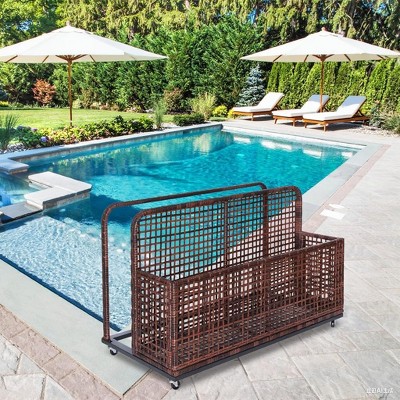 Premium Wicker Poolside Storage Organizer with Wheels – Large Outdoor Basket for Pool Floats, Toys & Towels – Weather-Resistant PE Rattan，Brown
