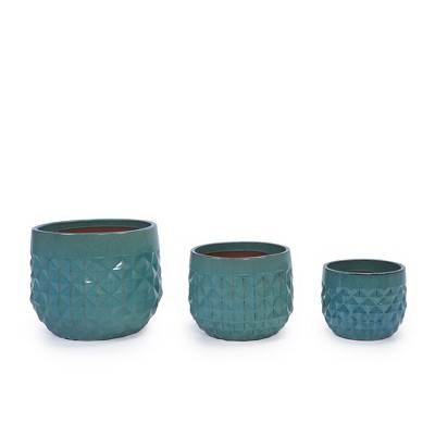 NAYSAYE Planter Set of 3 Diamond Ceramic Flowerpot Sleek Glossy Design for Indoor Outdoor Garden, Blue, 14.18"*14.18"*11.42"