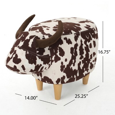 Brown and White Velvet Cow Ottoman with Rubberwood Legs