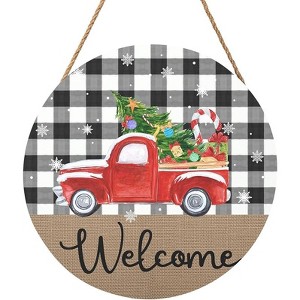 Lomsoe Christmas Welcome Sign For House Merry Christmas Holiday Decor Hanging Sign Red Truck Xmas Round Wood Wreaths Christmas Decor 8x8Inch - 1 of 1