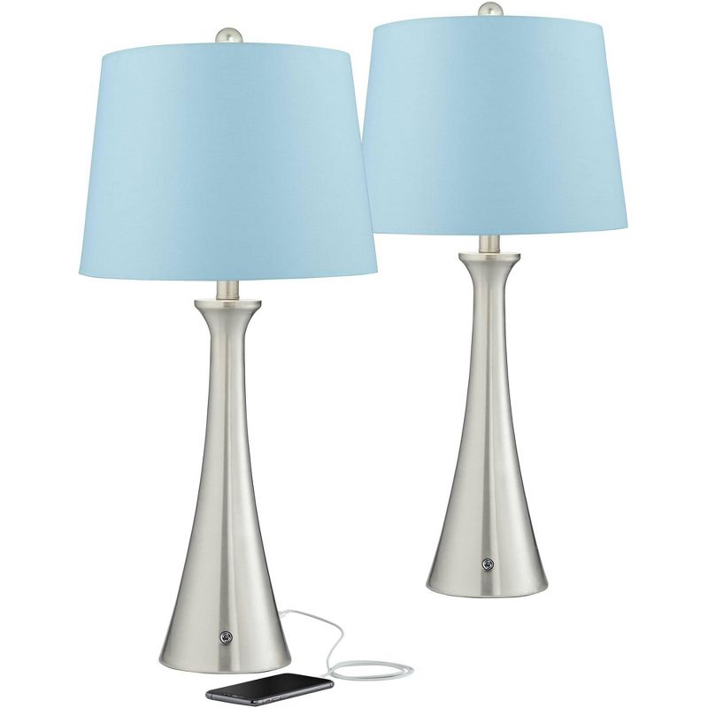 360 Lighting Karl Modern Table Lamps 27 1/2" Tall Set of 2 Brushed Nickel with USB and AC Power Outlet in Base Blue Hardback Drum Shade for Bedroom, 1 of 8